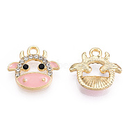 Eco-Friendly Zinc Alloy Charms, with Enamel and Crystal Rhinestone, Cadmium Free & Nickel Free & Lead Free, Cow, Light Gold, Pink, 14x15x3mm, Hole: 1.8mm(X-FIND-N048-039C-NR)