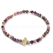 Stretch Bracelets, with Natural Rhodonite Beads, Brass Round Beads, Brass Micro Pave Grade AAA Cubic Zirconia Beads and Elastic Crystal Thread, Conch Shell Shape, with Cardboard Box, 2-3/8 inch(6cm)(BJEW-JB04904-05)