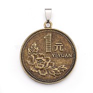 Tibetan Style Alloy Coin Pendants, with Stainless Steel Findings, Flat Round, Antique Bronze & Stainless steel Color, 42x37.5x2mm, Hole:3x7mm(X-PALLOY-E509-01AB)