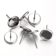 Flat Round Stainless Steel Stud Earring Settings, Stainless Steel Color, Tray: 8mm, 10mm, Pin: 0.7mm(X-STAS-M227-8mm)