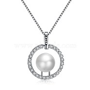 Fashion Brass Pendant Necklaces, Flat Round, with Imitation Pearl, Silver Color Plated, 17.7 inch(45cm)(NJEW-BB26589)