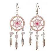 304 Stainless Steel with Glass Dangle with Natural Agate Stud Earring, Feather, Pink, 84x30mm(EJEW-MZ00185-01)