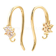 Brass Micro Pave Cubic Zirconia Earring Hooks, Ear Wire, Nickel Free, Flower, with Horizontal Loop, Clear, Real 18K Gold Plated, 18x6.5mm, Hole: 0.9mm, Pin: 1mm(KK-T063-015-NF)