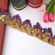15 Yards Metallic Polyester Lace Trim, Gold Wavy Trimmings with Paillettes for Sewing Decoration, Purple, 1-3/8 inch(35mm)(PW-WG65009-14)