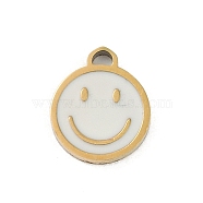 304 Stainless Steel Enamel Charms, Smiling Face Charms, Real 18K Gold Plated, Ion Plating(IP), White, 9x8x1mm, Hole: 0.6mm(STAS-I325-063G-01)