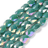 Faceted Electroplated Glass Beads Strands, AB Color Plated, Opaque Solid Color, Oval, Dark Cyan, 10.5x8x5mm, Hole: 1.5mm, about 58~60pcs/strand, 25.59 inch(65cm)(GLAA-G092-D03)