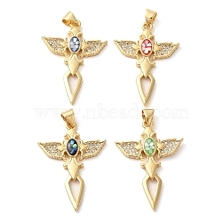 Cross with Wing Brass Micro Pave Clear Cubic Zirconia Pendants, with Shell & Enamel, Long-Lasting Plated, Lead Free & Cadmium Free, Real 18K Gold Plated, Mixed Color, 33x23x3mm, Hole: 5x4mm(KK-K385-083G)