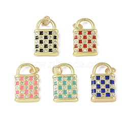 Brass Micro Pave Cubic Zirconia Pendants, with Enamel, Real 18K Gold Plated, Padlock Charm with Jump Rings, Mixed Color, 19.5x12x3.5mm, Hole: 3mm(KK-P266-13G)