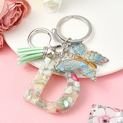 Resin & Acrylic & Faux Suede Tassel Keychain, with Alloy Clasp and Iron Rings, Letter D, 0.9cm(KEYC-YW00126-04)