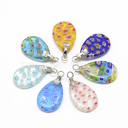Handmade Millefiori Glass Pendants, with Brass Findings, Teardrop with Flower, Platinum, Mixed Color, 23~24x15~16x3~4mm, Hole: 3mm(LAMP-R139-08)