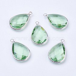 Silver Color Plated Brass Glass teardrop, Pendants, Faceted, Light Green, Silver Color Plated,18x10x5mm, Hole: 2mm(X-GLAA-M006-A-01S)