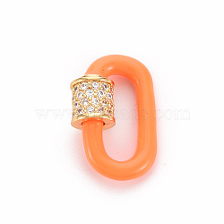 Brass Micro Pave Clear Cubic Zirconia Screw Carabiner Lock Charms, with Enamel, for Necklaces Making, Cadmium Free & Nickel Free & Lead Free, Oval, Real 16K Gold Plated, Coral, 19x12x2.5mm, Screw: 6x6mm(ZIRC-S067-068B-NR)