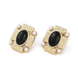 Ion Plating(IP) 304 Stainless Steel Rectangle Stud Earrings, with Glass & Imitation Pearl Plastic, Real 18K Gold Plated, Black, 21.5x18mm(EJEW-Z068-30G-01)