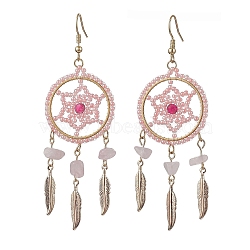 304 Stainless Steel with Glass Dangle with Natural Agate Stud Earring, Feather, Pink, 84x30mm(EJEW-MZ00185-01)