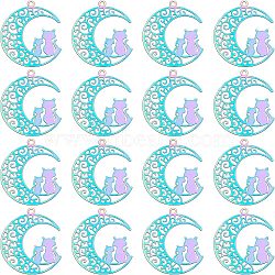 Unicraftale 201 Stainless Steel Kitten Pendants, Etched Metal Embellishments, Crescent Moon with Couple Cat Shape, Rainbow Color, 22x19x0.3mm, Hole: 1.2mm, 40pcs/box(STAS-UN0013-53)