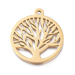 Ion Plating(IP) 304 Stainless Steel Pendants, Manual Polishing, Flat Round with Tree of Life, Golden, 28.5x25x1.2mm, Hole: 2mm(STAS-L245-016G)