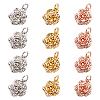 12Pcs 3 Colors Brass Micro Pave Clear Cubic Zirconia Charms, Long-Lasting Plated, Flower, Mixed Color, 11x9x3.5mm, Hole: 3mm, Ring: 4x1mm, 4pcs/color