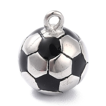 304 Stainless Steel Pendants, with Black Enamel, 3D Football, Stainless Steel Color, 16x12.5mm
