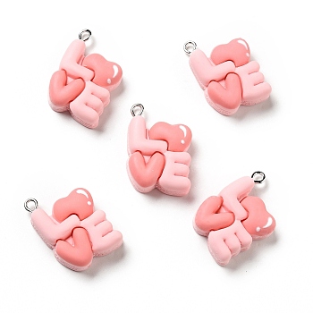 Opaque Resin Pendants, I Love You Macaron Charm, Imitation Food, with Platinum Tone Iron Loops, Pink, 27.5x18x8mm, Hole: 2x2.7mm