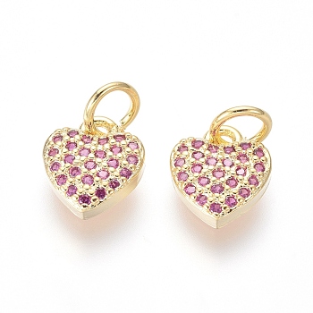 Brass Micro Pave Cubic Zirconia Charms, with Jump Rings, Heart, Magenta, Golden, 9.5x8x2.5mm, Hole: 3.5mm
