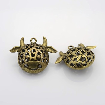 Hollow Tibetan Style Alloy Animal Pendants, Cow, Nickel Free, Antique Bronze, 30x39x15mm, Hole: 2mm
