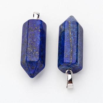 Brass Natural Lapis Lazuli Pendants, Bullet, Platinum, Pointed Pendant, 33~36x12mm, Hole: 5x7mm