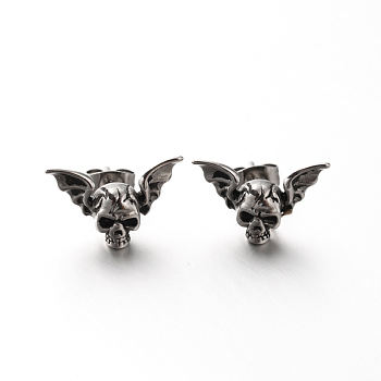 Retro 304 Stainless Steel Skull with Wing Ear Studs, Hypoallergenic Earrings, Antique Silver, 11x17.5mm, pin: 0.8mm.