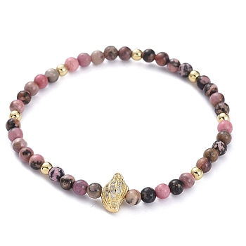 Stretch Bracelets, with Natural Rhodonite Beads, Brass Round Beads, Brass Micro Pave Grade AAA Cubic Zirconia Beads and Elastic Crystal Thread, Conch Shell Shape, with Cardboard Box, 2-3/8 inch(6cm)