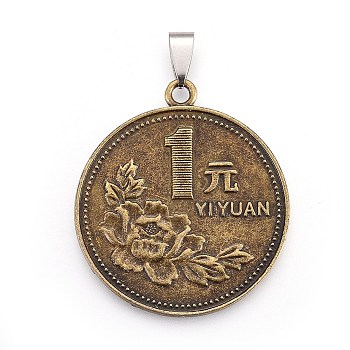 Tibetan Style Alloy Coin Pendants, with Stainless Steel Findings, Flat Round, Antique Bronze & Stainless steel Color, 42x37.5x2mm, Hole:3x7mm