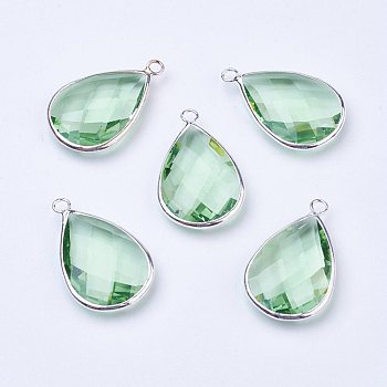 Silver Color Plated Brass Glass teardrop, Pendants, Faceted, Light Green, Silver Color Plated,18x10x5mm, Hole: 2mm