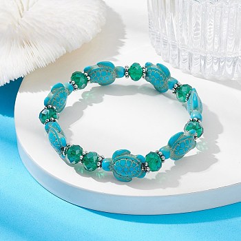 Synthetic Turquoise Turtle & Glass Beaded Stretch Bracelet, Inner Diameter: 2-1/4 inch(5.7cm)