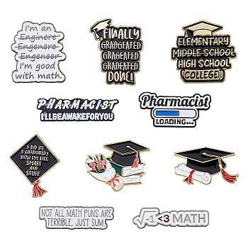 10Pcs 10 Style Graduation Theme Enamel Pins, Gold Tone Alloy Word Lapel Pins for Backpack Clothes, Black, 8~30.5x24.5~35x1.5mm, Pin: 1.1~1.2mm, 1Pc/style