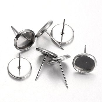 Flat Round Stainless Steel Stud Earring Settings, Stainless Steel Color, Tray: 8mm, 10mm, Pin: 0.7mm
