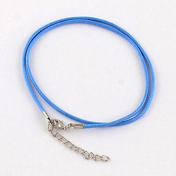 Waxed Cotton Cord Necklace Making, with Alloy Lobster Claw Clasps and Iron End Chains, Platinum, Cornflower Blue, 17.4 inch(44cm)