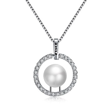 Fashion Brass Pendant Necklaces, Flat Round, with Imitation Pearl, Silver Color Plated, 17.7 inch(45cm)