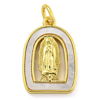 Real 18K Gold Plated Brass Pendants with Shell and Jump Rings, Religion Virgin Mary, Arch, 18x12x2.5mm, Hole: 3mm