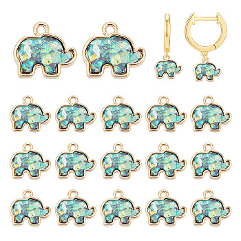 20Pcs Opaque Resin Imitation Shell Pendants, with Light Gold Tone Alloy Loops, Elephant Charm, Green, 15x16.5x3.5mm, Hole: 1.6mm