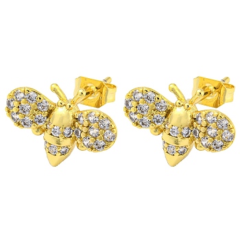 Golden Brass Micro Pave Cubic Zirconia Stud Earrings, Bees, 11x15mm