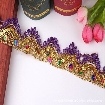 15 Yards Metallic Polyester Lace Trim, Gold Wavy Trimmings with Paillettes for Sewing Decoration, Purple, 1-3/8 inch(35mm)