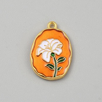 Alloy Enamel Pendants, Oval with Flower, Golden, Dark Orange, 23x16x2.5mm, Hole: 1.6mm