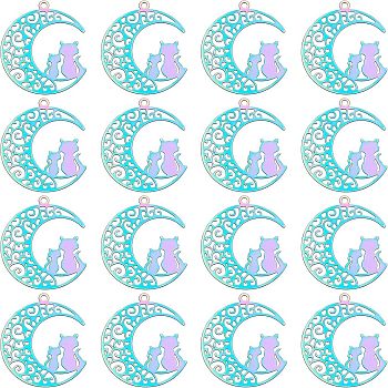 Unicraftale 201 Stainless Steel Kitten Pendants, Etched Metal Embellishments, Crescent Moon with Couple Cat Shape, Rainbow Color, 22x19x0.3mm, Hole: 1.2mm, 40pcs/box