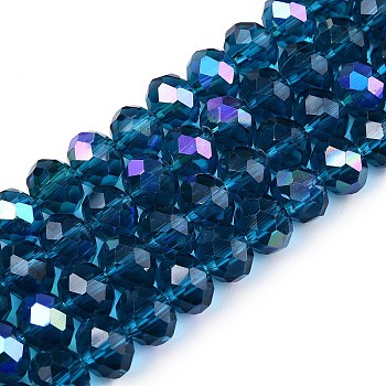 Electroplate Glass Beads Strands, Half Rainbow Plated, Faceted, Rondelle, Steel Blue, 8x6mm, Hole: 1mm, about 64~65pcs/strand, 40~41cm