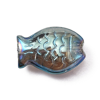 Electroplate Glass Beads, Full Rainbow Plated, Fish, Cadet Blue, 10x14x6mm, Hole: 0.8mm