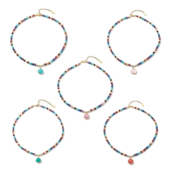 7Pcs 7 Style Natural & Synthetic Mixed Gemstone Teardrop Pendant Necklaces Set, Chakra Yoga Stackable Necklaces for Women, 16.46 inch(41.8cm), 1Pc/style