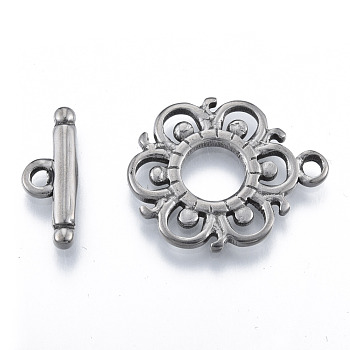 304 Stainless Steel Toggle Clasps, Flower, Stainless Steel Color, Bar: 8x21x3mm, Hole: 2mm, Flower: 28x23.5x2mm, Hole: 2.5mm