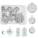 14Pcs 7 Styles 304 Stainless Steel Pendants, with Mixed Color Rhinestone, Moon & Star Charm, Mixed Shapes , Stainless Steel Color, 12~29x7.5~25x2~3.5mm, Hole: 1.4~2mm, 2pcs/style(STAS-SZ0002-78P)