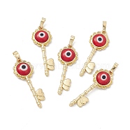 Handmade Evil Eye Lampwork Pendants, with Rack Plating Real 18K Gold Plated Brass Findings, Long-Lasting Plated, Flower Key with Heart, FireBrick, 33x12x3.5mm, Hole: 4x7mm(LAMP-G157-03G-11)