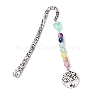 Flower Pattern Alloy Hook Bookmarks, Round & Heart Glass Beaded Bookmark with Charm, Tree of Life, 124mm, Pendant: 106x25x8.5mm(AJEW-JK00250-02)