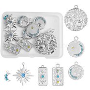 14Pcs 7 Styles 304 Stainless Steel Pendants, with Mixed Color Rhinestone, Moon & Star Charm, Mixed Shapes , Stainless Steel Color, 12~29x7.5~25x2~3.5mm, Hole: 1.4~2mm, 2pcs/style(STAS-SZ0002-78P)