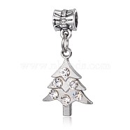 Alloy European Dangle Charms, Large Hole Pendants, with Rhinestones, Christmas Tree, Antique Silver, 33x17x3mm, Hole: 5mm(RB-G151-01AS)